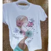 Women's T Shirts Pure Cotton T-shirt Luxury Advanced Pink Rhinestone Top Short-sleeved Fairy Flower Petals Beaded Pearls Vintage Clothes