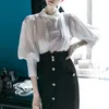 Women's Blouses Spring Summer White Pleated Chiffon Shirts Women Blouse Tops Long Puff Sleeves Korean Office Ladies Party Work Clothing