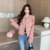 Jaquetas femininas de alta qualidade chique tweed rosa xadrez terno elegante moda o pescoço manga longa mulheres único breasted algodão acolchoado casaco