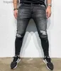 Men's Jeans Mens Ripped Side Stripe Skinny Jeans Fashion Designer Hi-Street Distressed Denim Joggers Knee Holes Washed Destroyed Slim Fit Pants NK50 L230918