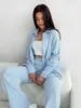 女性用スリープウェアMarthaqiqi Blue Cotton Pajamasセット長い袖のターンダウンカラーナイトウェアワイドレッグパンツフェムパジャマスーツ