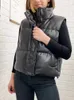 Women s Vests Autumn Winter Fashion Streetwear Womens Puffy Vest Down Black Pu Leather Jacket Coat Outwear Puffer Sleeveless 230918