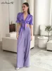 Kvinnors byxor lavendel chic veckade kvinnor palazzo byxor hög midja bred ben golvlängd 2023 lady fasta fickor