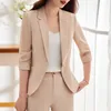 Women's Two Piece Pants Three Quarter Sleeve Blue Thin Style Suit Jacket Summer Casual Office Occupation Fashion Temperament Two-piece