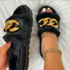 Slippers 2023 Luxury New Large Size Women's Slippers Retro Metal Buttons Square Head Flat Sandals and Chains Summer Slippers Women 35-43 x0916