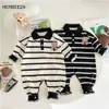 Barboteuses Gentleman bébé garçon vêtements chapeau ensemble coton ours rayure décontracté nés infantile combinaison enfants vêtements 3 18 mois 230918