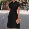 Basic Casual Dresses Turndown Collar Button Belt Midi Dress City Lady Casual Short Harajuku Summer Dresses Woman Rose Red Short Sleeveless Dress L230918