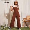 Kobiety Jumpsuits Rompers Lovito Casual Plain Pocket Button High Talle Cord Sukus dla kobiet L45LD052 (Mocha Brown) L230918