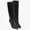 Marque de luxe Premières bottes longues Bout pointu Fermeture à glissière latérale Diagonale en forme de F Talon sculpté Blanc Noir Cuir Robe de dame Bottines de fête de mariage EU35-43 avec boîte