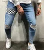 Jeans masculinos homens elegante rasgado magro jeans moda designer lavado zíper painéis motociclista reto desgastado estiramento denim calças streetwear calças l230918