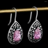 Dangle Earrings Vintage Pear-shaped For Women Water Drop Pink Zircon 925 Sterling Silver Ear Jewelry