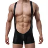 Sexy Men Undershirt Faux Leather PU Wrestling Singlet Jumpsuit Suspender Slim Teddies Underwear One-Piece Bodysuit Black244q