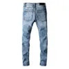 Mäns jeans högkvalitativa rippade hålblå män 2021 Hip Hop Desginer Color Patchwork Pants Streetwear Trousers230y