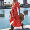 Basic Casual Jurken Mode Patroon Print Losse Boho Strandjurk Casual Dames Shirtjurk Met Lange Mouwen Dame Elegante Knoop Vetersluiting Lange Feestjurken L230918