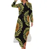 Casual jurken gele zonnebloem chiffon jurk bloemenprint mooie dames lange mouw mode v-hals grafisch groot formaat