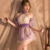 Casual klänningar kinesiska Hanfu Girl Cos Sexig underkläder för kvinnor Nighties Purple Soft SeaThrough kjol Halter Neck Backless Dress Bed