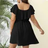 Abiti casual di base Abito da donna a vita alta Lusinghiero Abito estivo da donna taglie forti Colletto quadrato Decorazione con volant Elastico a vita alta Elegante sciolto L230918