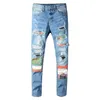 Jeans skinny slim patchwork con design patch stampato da uomo streetwear pantaloni in denim elasticizzato strappati con fori2990