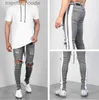 Men's Jeans Mens Ripped Ribbon Grey Skinny Jeans Fashion Designer Hi-Street Distressed Denim Joggers Knee Holes Washed Destroyed Slim Fit Pants L0023 L230918