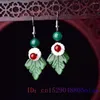 Dangle Earrings Green Jade Leaf Women Charms Gemstone Stone Vintage Chinese Carved Jewelry Charm Gemstones Real 925 Silver Natural