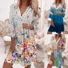 Casual Kleider Frauen Böhmischen Blumen Kleid Sommer Drei Viertel Hülse Spitze Trim V-ausschnitt Mini Dame Elegante Party Strand Vestidos