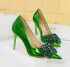 Women 10.5cm High Heels Green Pumps Lady Plus Size 35-42 Wedding Middle Low Kitten Heels Bling Crystal Rhinestone Party Bow Shoes