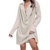 Casual Dresses Women's Elegant Satins Shirt Dress Collar V Neck Drape Ruched Front Flowy Long Sleeve Short Mini Drop