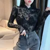 New design women's stand collar perspective gauze lace long sleeve sexy cheongsam style t-shirt plus size tops SML274u