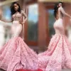 Gorgeous 2k17 Pink Long Sleeve Prom Dresses Sexy See Through Long Sleeves Open Back Mermaid Evening Gowns South African Formal Par205h