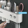 Toothbrush Holders Wall Mounted Toothbrush Holder With Double Automatic Toothpaste Dispenser Squeezer Kit Toothpaste Dispenser 230918