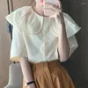 Blouses Femmes WDMSNA Tempérament français Collier de poupée Dames Chemise Simple Boutonnage Casual Blouse à manches courtes Femmes Été Plissé Lâche