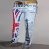 Цельномужские джинсы с британским флагом, брюки с цветным рисунком, модные белые джинсы с принтом в виде башни, повседневные эластичные джинсы, брюки 306 г
