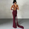 Summer Bandage Solid Sexy Backless Sleeveless Maxi Dress For Woman Robe Sexy Ruched Fashion Dress Pleated Halter Slim Fit Solid Color