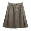 Röcke Damen-Faltenrock mit hoher Taille im Vintage-Stil aus braunem Leder und Metallic-Effekt für den Herbst