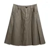 Rokken Dames Hoge Taille Vintage Bruin Leer Metallic Geplooide Rok Voor De Herfst