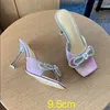 Mach Bowtie Rhinestone Stiletto Heel sandals Luxury Designer slide Satin crystal encrusted metal skin High heeled slippers 9.5cm Fashion Party dress shoes