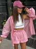 Damen-Trainingsanzüge, rosa, High Street, Damen-Shorts, Anzüge aus Leinen, zweiteilig, lässige Outfits, Baumwolle, Oversize-Hemden, weite Beine, 2-teilig