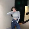 Women's T Shirts 2023 Solid Color Basic Long-Sleeved T-shirt Inner Bottoming Shirt Slim High midje Crop Top Trendy