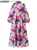 Grundläggande avslappnade klänningar 5xl Vonda Plus Size Dress 2023 Bohemian Women Long Sleeve Vintage Printed Maxi Dresses Casual Stand Collar Party Robe L230918