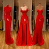Tanie seksowne arabskie 3 styl czerwony syrenka sukienki bal maturalne wysokie szyi długie rękawy wieczorowe suknia wysoka z boku Formalna sukienka imprezowa 253s