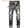 Men's Jeans Unique Men Painted Rips Jeans Stretch Black Fashion Designer Slim Fit Washed Motocycle Denim Pants Panelled Hip HopTrousers 1012 L230918