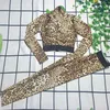 Cheetah calças de duas peças femininas fatos de treino yoga leopardo impressão preta mangas compridas cintura magro leggings esporte suit235v