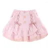 Röcke Japanischer Kawaii Lolita Verband Bogen Strick Minirock Frauen Winter Weiß Rosa Spitze Süße A-Linie Hohe Taille Koreanische Y2k