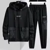 Herrfjäderhöst Multi-Pockets Plus Size Tracksuit Men Streetwear Black Grey Pullover Hoodie Pants 2 Piece Set Sport MWHC