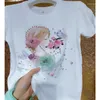 女性用TシャツピュアコットンTシャツ高級高度ピンクラインストーントップショートスリーブの妖精の花びらビーズパールヴィンテージ服