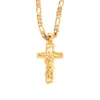 24 k Solid Fine Yellow Gold GF Mens Jesus Crucifix Cross Pendant Frame 3mm Italian Figaro Link Chain Necklace 60cm231l