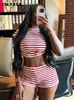 Women's Tracksuits CM. Fashion Striped Set Batwing Short Sleeve T-shirt And Shorts 2023 Street Two 2 Piece Sets Outfit Tracksuit
