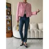 Women's Jackets Pink Fringe Fur Shoulder Pad Tweed Jacket Blazer Boucle Crop Coat for Women Spring 230915