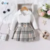 Kläderuppsättningar Qunq 2023 Autumn Winter Girls Solid Lapel Long Sleeve Top Preppy Mini Pleated kjol 2 stycken Set casual barnkläder ålder 3 t 8t 230915