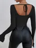 여자 T 셔츠 긴 소매 니트 여성 검은 등이없는 섹시한 스트리트웨어 티 스프링 가을 기본 Y2K 작물 탑